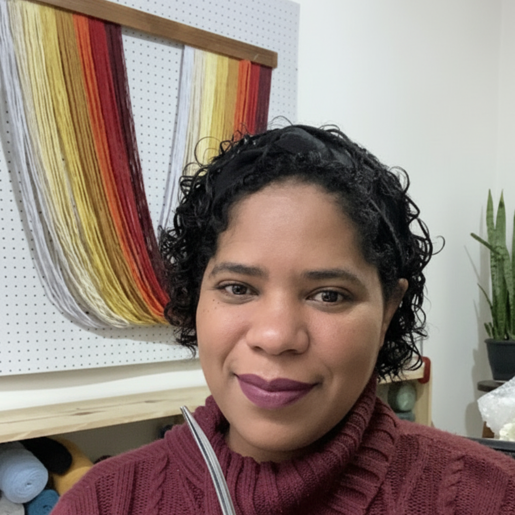 Raquel, artesã do Ateliê Encanto de Fios, no ateliê com painéis decorativos de arte têxtil feitos à mão.